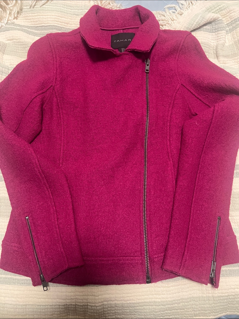 T Tahari Women's Fuchsia Wool-Blend Asymmetrical Zip Pea Coat